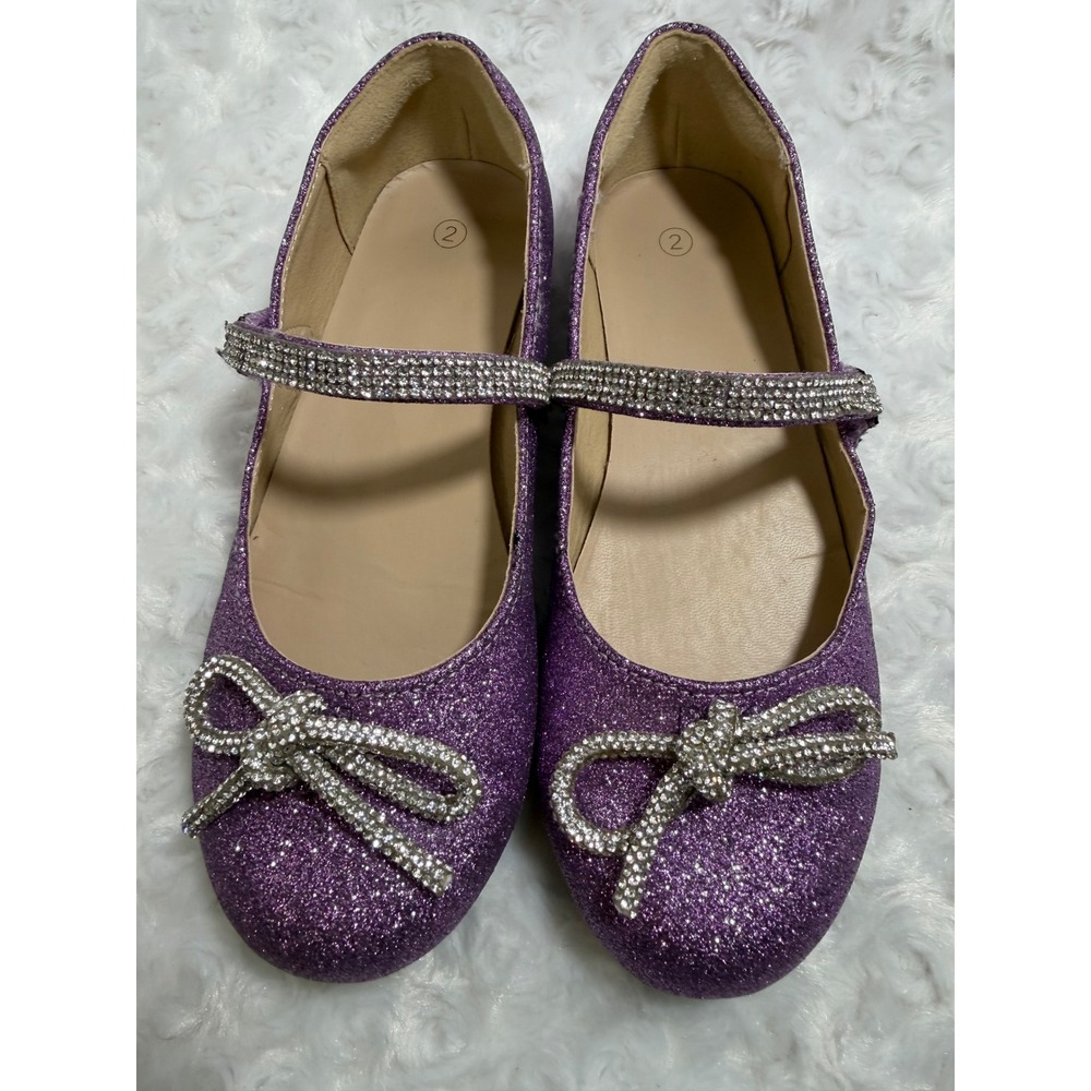 Girls Purple Glitter Rhinestone Bow Mary Jane Dress Flat Shoes‎ Size 2 - Picture 6 of 6